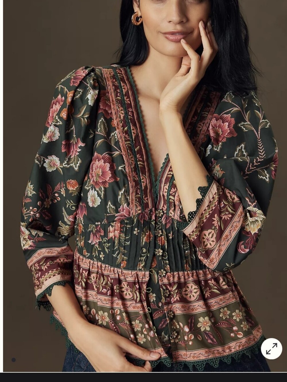 FARM Rio Olive Green Floral Peasant Blouse with Pink Floral Accents